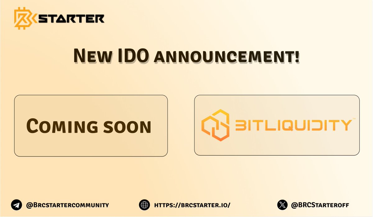 BRCStarters, New IDO announcement! We want to inform you that @BITLiquidityBTC will launch its IDO on BRCStarter! BITLiquidity offers a complete solution for seamless transactions on the Bitcoin blockchain. As a trading aggregator, earning platform, bridge, and lending and…