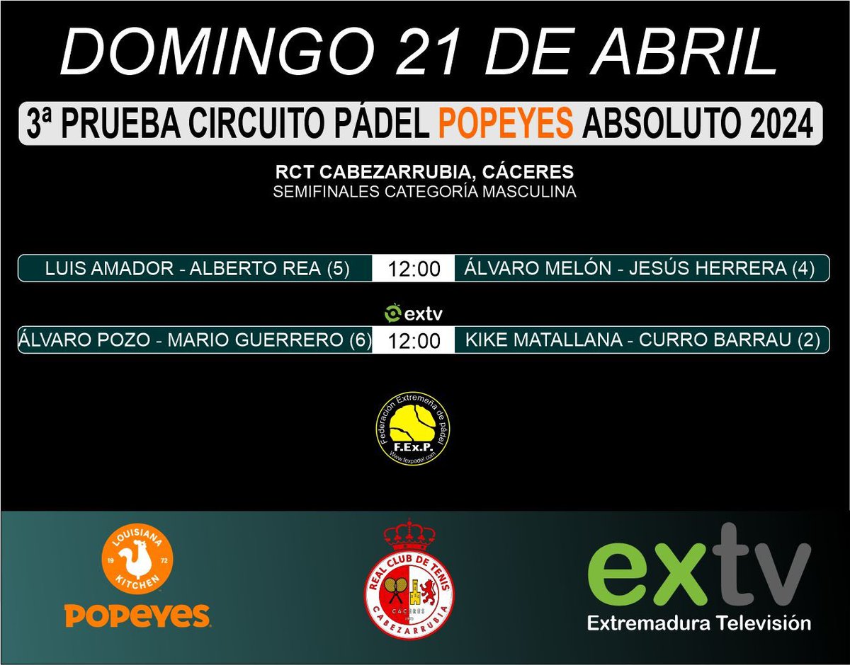 🔸 3ª PRUEBA CIRCUITO DE PÁDEL POPEYES 2024🔸 SEMIFINALES CATEGORÍA MASCULINA 🎾 Luis Amador / Alberto Rea 🆚 🎾 Álvaro Melón / Jesús Herrera 📺 extv Canal Deporte 👇 🎾 Mario Guerrero / Álvaro Pozo 🆚 🎾Kike Matallana / Curro Barrau