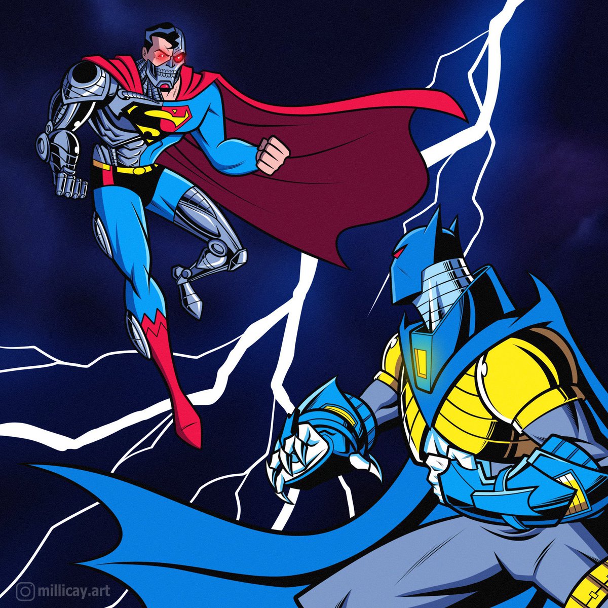 Cyborg Superman vs Azrael's Batman 
Battle for the '90s
Artwork by @millicay95 
#Superman #Batman #comicbookart