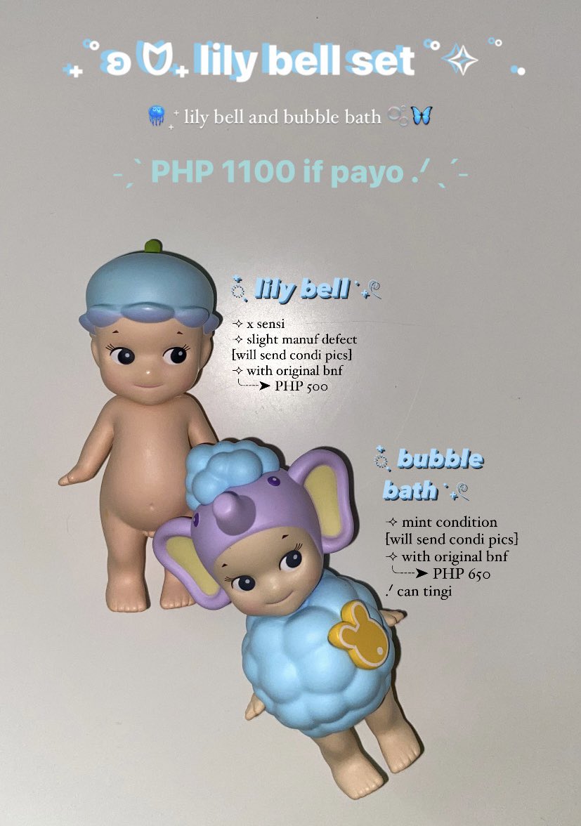 str4wbebiez's tweet photo. .ᐟ ufs lfb wts ₊˚

˚⊱ lily bell set ⊰˚

🏷️ PHP 1150
PHP 1100 if payo .ᐟ

⟢ check pics for desc :*

📍pampanga (sdd/jnt)

t. sonny angels sonny angel ph series flower hsh series reg lily bell bubble bath lop ear brian chef turtle https://t.co/Z4vA22c9F4