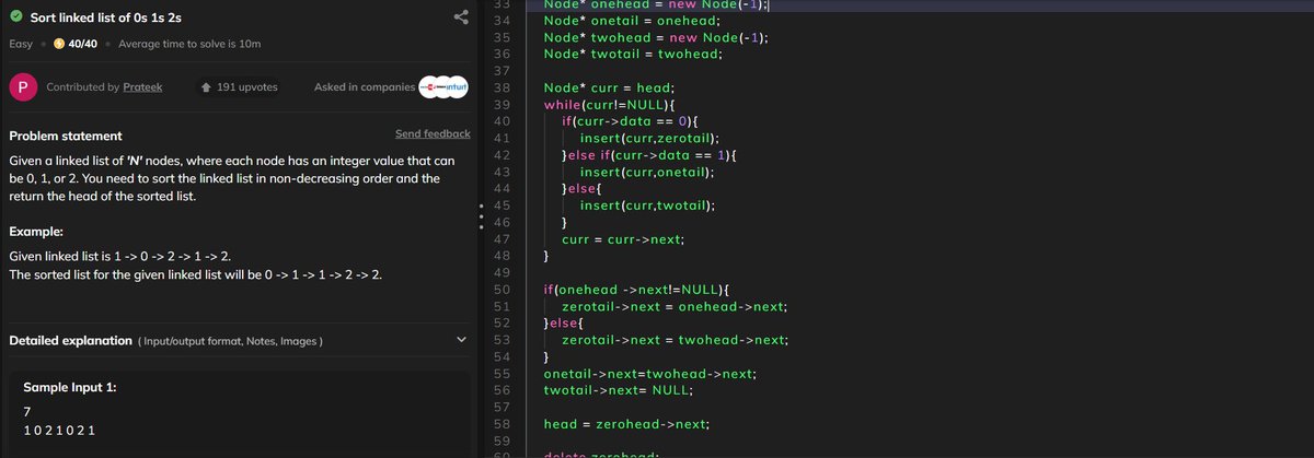 with_code01001's tweet image. Following DSA Playlist by Love Babbar Lecture 49(Linked List Part 6) done
Questions -
1. Merge two sorted linked lists
2. Sort linked list of 0, 1 and 2's
#codingstreak #24