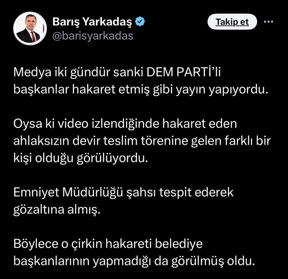 Belediye'de Erdoğan ve Atatürk’e hakareti aklayıp paklama ihalesi Barış'a verilmiş verilmiş anlaşılan l. Neymiş? Küfür eden şahıs Dem Partili başkan değilmiş de, farklı bir kişiymiş de, bilmem neymiş de. Miş de miş,mış da mış.. Meczup da olabilir(MİŞ) Barış! İyi araştırsaydın