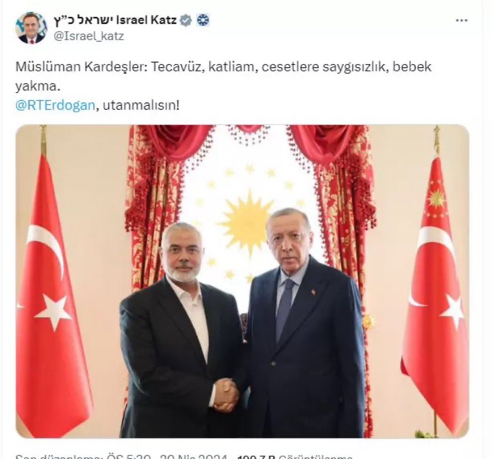 İsrail Dışişleri Bakanı’nın Cumhurbaşkanımız Sayın Recep Tayyip Erdoğan ve ülkemizi hedef alan haddini aşan açıklamaları ile aslında terör örgütü İsrail'i tarif ediyor. Hedef saptırmakta ve Gazze'de uyguladığı soykırımı gizlemeye çalışmaktadır. İsrail, Filistin’e açık