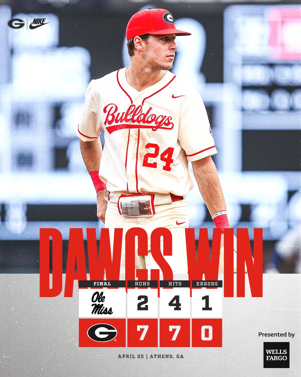 BaseballUGA's tweet photo. 𝐓𝐡𝐞 𝐒𝐞𝐫𝐢𝐞𝐬 𝐆𝐨𝐞𝐬 𝐭𝐨 𝐭𝐡𝐞 𝐃𝐚𝐰𝐠𝐬

Four home runs propel Georgia past Ole Miss to win the series in the first of two games this afternoon.

Game 2 will start in approximately 45 minutes.

#GoDawgs | @WellsFargo https://t.co/gXRUPdN0kD