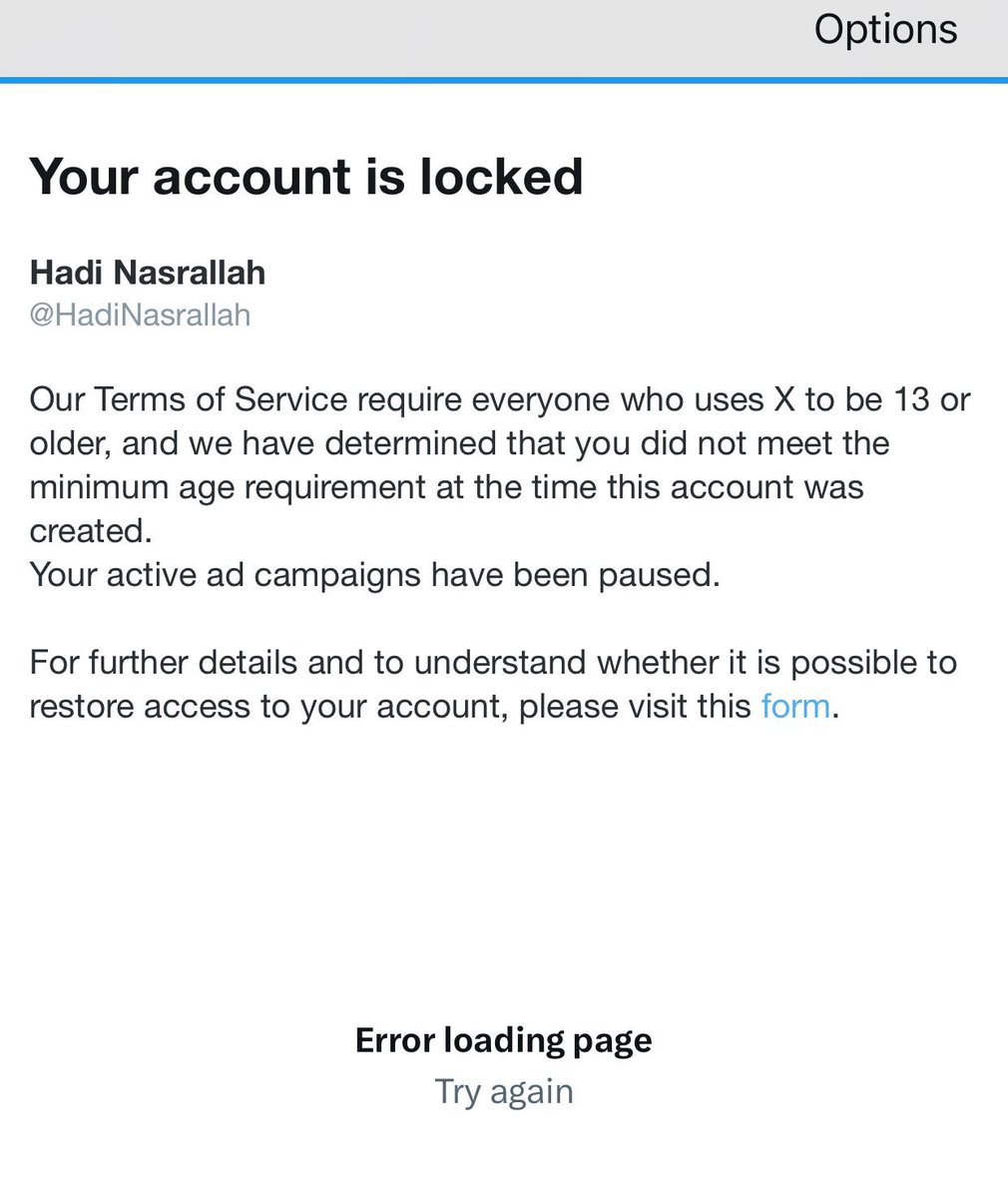 Hadi Nasrallah’s (@Hadinasrallah) account has been suddenly locked. The reason for this as per Twitter is that he isn’t 13 years of age, and there isn’t anything he cab press to appeal. @Support must look into this immediately. I will keep everyone updated as this goes on.