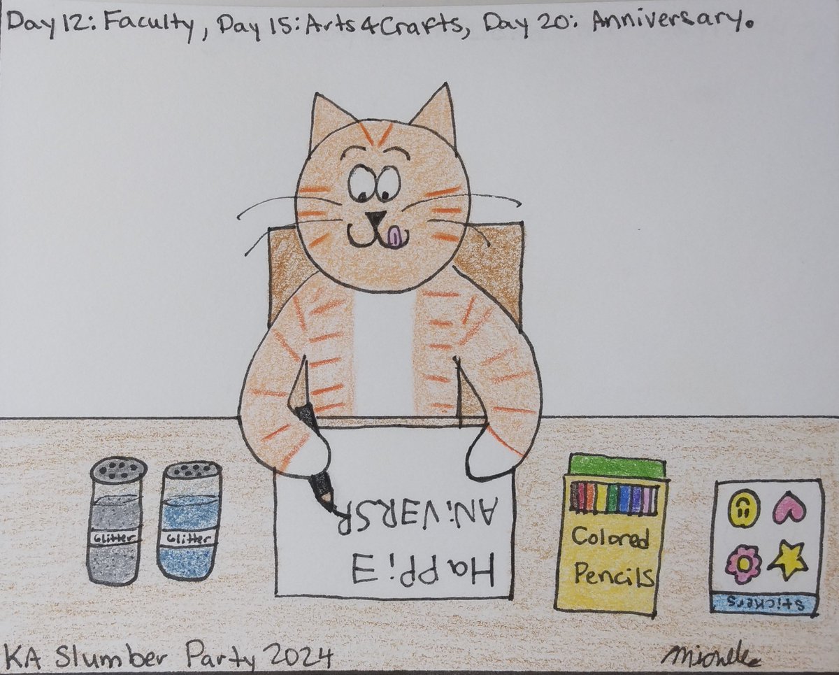 MichelleForNow's tweet photo. Happy KA Anniversary! We're doing a KA Slumber Party 2024 art challenge this month on discord. Here's what I drew for the Anniversary prompt; Teaspoon making a card for Mr. A and DJ. https://t.co/2hSSO21Li2