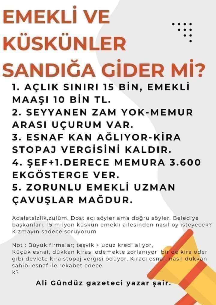 @NusretAkpak @songulsimsek2 @birseldabak @salihaervauysal @sarpkayanecmiye @ogeday_nigar @tosun_nilgun @teslimekesik123 @teslimekoroglu @HancHanc4 @HKoseokumus @AKPartiArguvan @NevimKaasap @semaslan681 @dadaszcn2 @mus_dadas @Merdmgiriz72210 @AbhazSrlmz Bazı ak troller, Hak arayan emeklilere küfür ediyor. Eski bir milletvekili, Halen milletvekili imiş gibi, Kuran kursu -talebe yurdu düşmanlığı yapıyor. Cumhur ittifakı ile İslami grupların arasını açmak istiyor. Akpartililer,görmüyor mu? Kızmayın sadece soruyorum Ali Gündüz