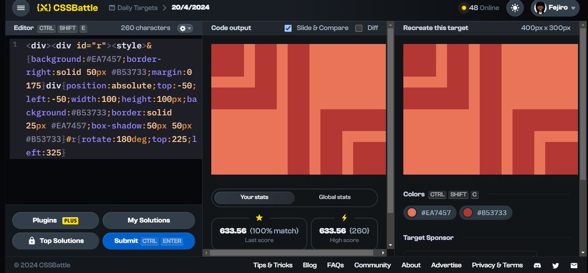 aberefejiro's tweet image. {⚔️} Day 5 of #CSSBattleDaily streak: Apr 20  — 633.56 score / 260 chars cssbattle.dev/play/IUgH3MIcV… via @css_battle 
EASYYYY