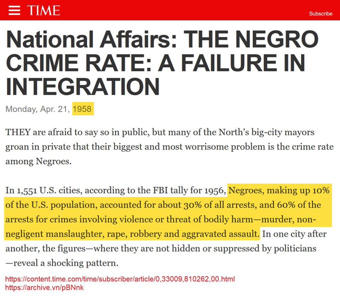 @GuntherEagleman Time magazine article about crime data in 56'. Says the figures were largely being suppressed by politicians even way back then.