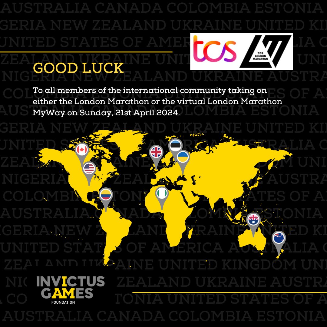 Good luck to everyone running tomorrow in the London Marathon! The #InvictusGames Foundation has sponsored numerous individuals around the world to take part in both the #LondonMarathon and virtual London Marathon, best of luck to everybody! 💛🖤 #BeyondTheGames