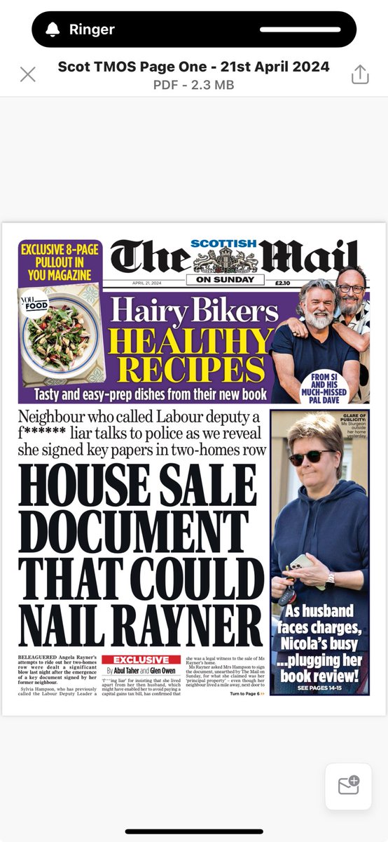Your Scottish Mail on Sunday front page. House sale document that could nail Rayner and Nicola plugs her book review as husband faces charges.