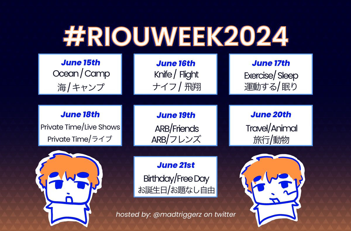 hello everyone! i’m happy to announce that I’ll be hosting #RiouWeek2024! It’s from June 15th to June 21st!

I’ve provided both English and Japanese translations for the prompts this time. Anyone can join and post anything that they’ve made! Ⓜ️🐦🌊⚓️🥳

#hypmic #ヒプマイ