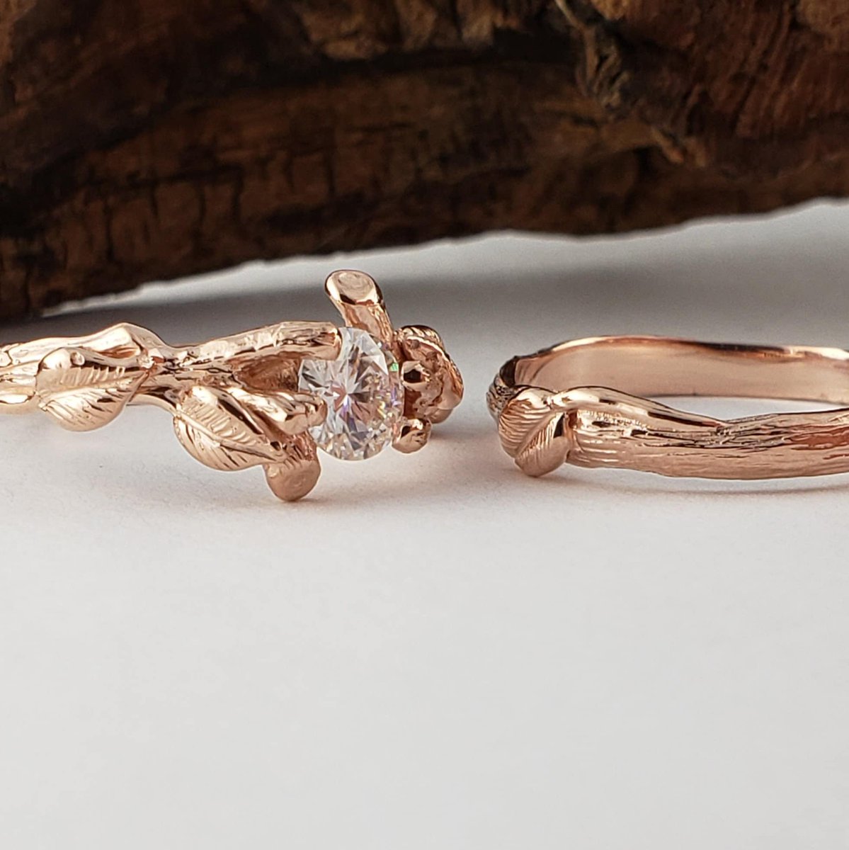 1/2 Carat Round Faceted Moissanite Leaf and Twig Bridal Set, Engagement Anniversary Ring by Dawn Vertrees etsy.me/3Y9d7AV
 #WeddingRing #EngagementRing