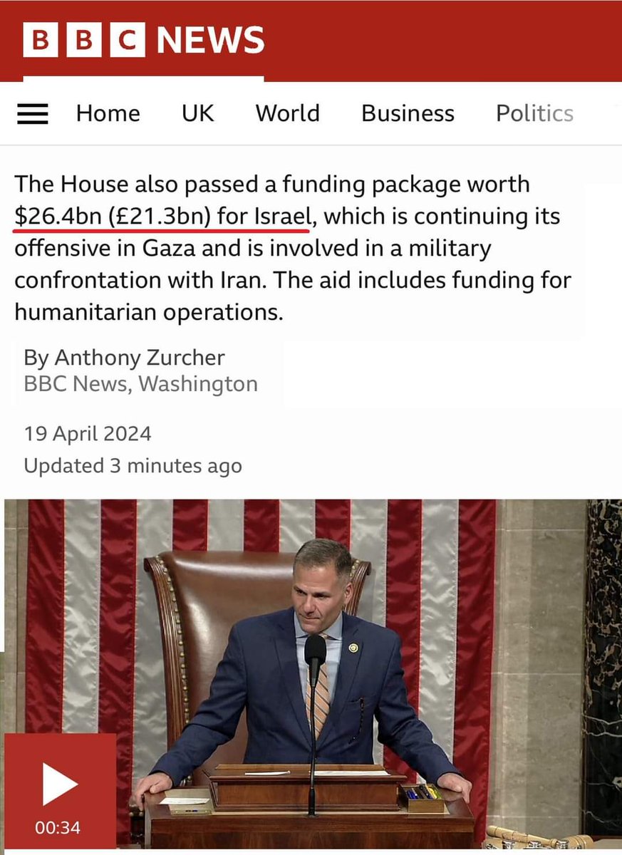 Another shameful act by US government. Breaking: The US House of Representatives has passed a $26.4bn package for Israel to continue brutalising and occupying Palestine.