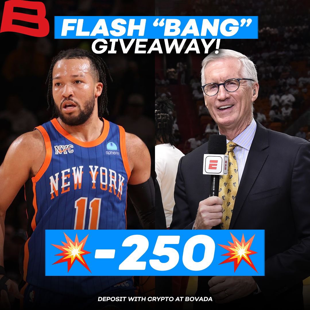 BovadaOfficial's tweet photo. ⚡️Flash “BANG” Giveaway💥 

If Mike Breen says 'BANG' after a Jalen Brunson three, we'll give one person in the comments $10 in Bovada Bonus!

#NBAPlayoffs specials ➡️ https://t.co/rLao9uZZ97 https://t.co/sET8OIcjuA