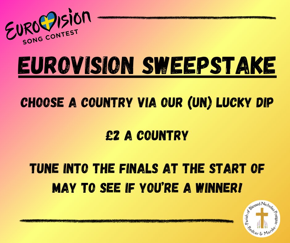 RedcarParish's tweet photo. Try your luck in our Eurovision Sweepstake! 🇪🇺🎶 There's a sweep running at each of our churches, so grab yourself a country this weekend! https://t.co/qrHk6TdohN