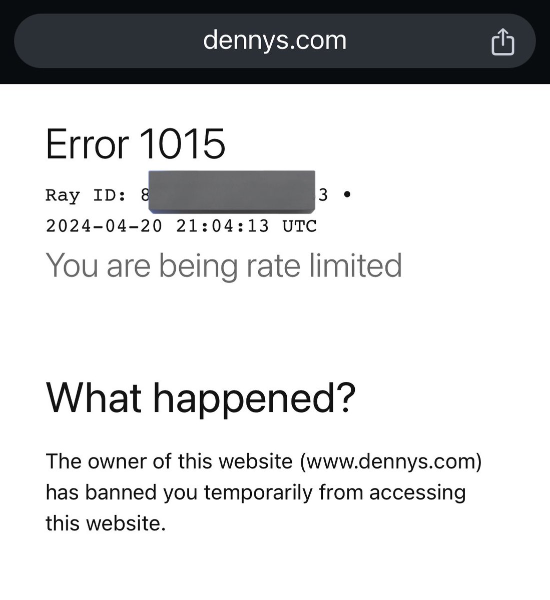 Banned from @DennysDiner for literally no reason, I was shooting too straight! 😭 All I wanted was a grand slam breakfast at 2pm 🥞 😔