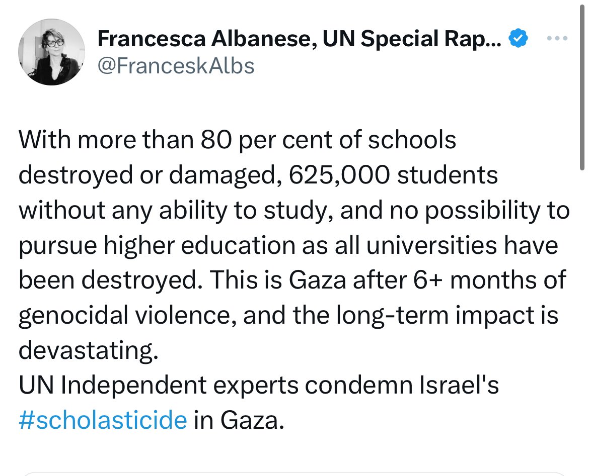 We've moved on from sticking a random word in front of '-washing', to random words before '-cide'. Genocide. Femicide. Ecocide. Now, Scholasticide.

Albanese didn't give a shit when @UNRWA taught Jew-hate in Gaza, Hamas built tunnels, or fired rockets from schools. Now she cares.