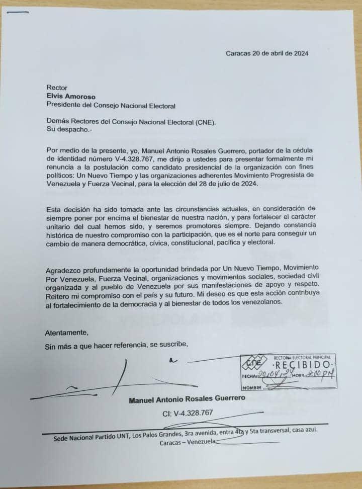 En nuestro compromiso con la ruta electoral para cambiar a Venezuela consignamos ante el Consejo Nacional Electoral la renuncia de Manuel Rosales Guerrero como aspirante a la elección presidencial de este #28Julio

Ahora, avanzaremos hacia el segundo paso en las gestiones