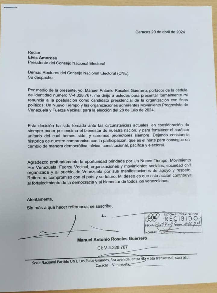 En nuestro compromiso con la ruta electoral para cambiar a Venezuela consignamos ante el Consejo Nacional Electoral la renuncia de Manuel Rosales Guerrero como aspirante a la elección presidencial de este #28Julio Ahora, avanzaremos hacia el segundo paso en las gestiones…