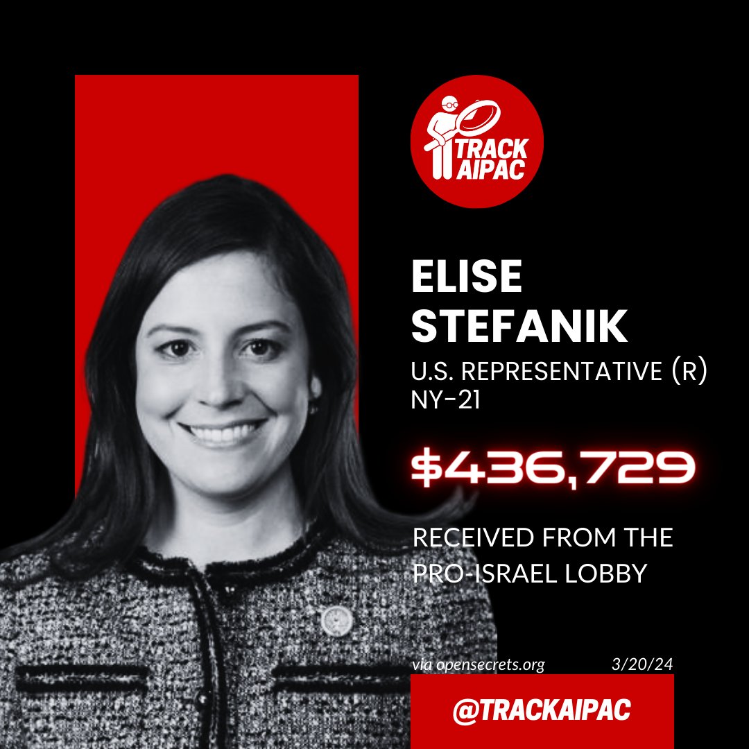 @RepStefanik @Columbia AIPAC Rep. Elise Stefanik is approaching HALF A MILLION DOLLARS received from the Israel lobby. She speaks for a foreign entity. #NY21 #RejectAIPAC