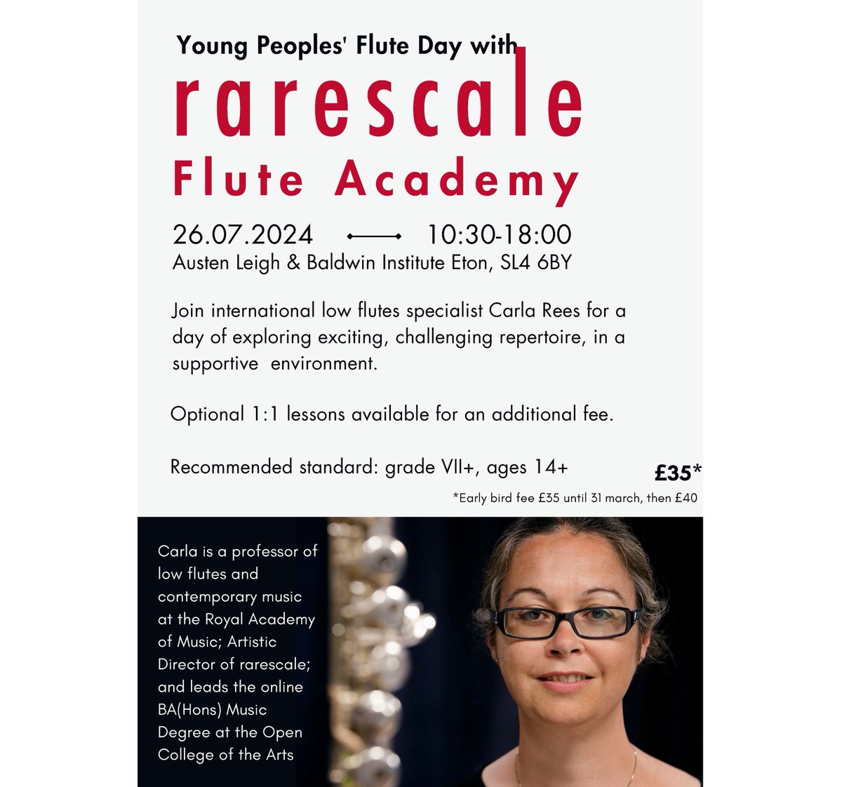 🎶 Join @rarescale Flute Academy at the Austen Leigh & Baldwin Institute in Eton! 🎵 🔹 Young Peoples' Flute Day 📅 Friday, July 26 🕥 10:30 AM - 6:00 PM 🔹 Flute Day with Rarescale Flute Academy 📅 Sat July 27 🕥 10:30 AM - 6:00 PM 🎟️ Tickets £40 🔗rarescale.org.uk/section885748.…