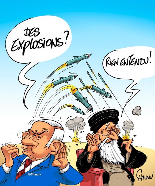 Emmanuel Chanu
Ouest-France
Rennes, France, April 20, 2024
- The explosions?
- Heard nothing!
#AliKhamenei #Khamenei #Netanyahu #Bibi #morons #politics #cartoons #caricature #editorialcartoons #illustration #dessindepresse #satire