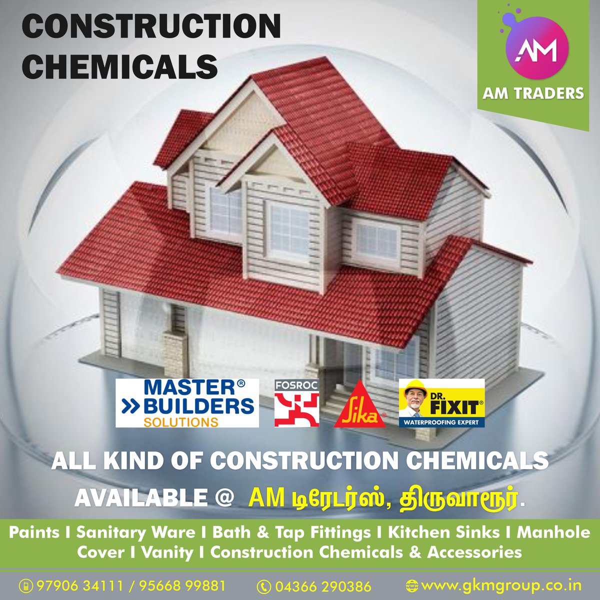 All kind of Building Construction Chemicals Available at AM Traders Thiruvarur.

#constructionchemicals #Pidilite #DrFixit #fosroc #sika #masterbuilderssolutions #basf #scp #waterproofing #WaterproofingChemicals #amtraders #Thiruvarur