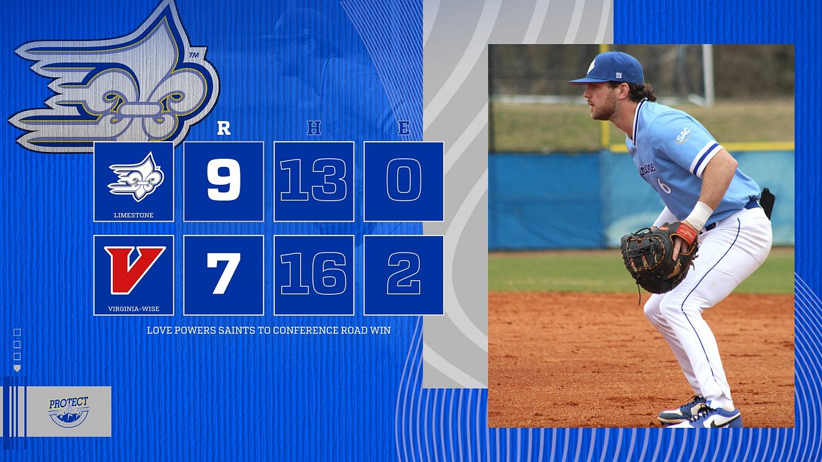 Senior first baseman Noah Love went 4-for-5 at the dish while adding three runs and two RBIs, including the game-winning two-run blast as @Limestone_BSB took the series opener at UVA Wise on Saturday evening. 📊golimestonesaints.com/sports/basebal… #ProtectTheRock #limestONEnation