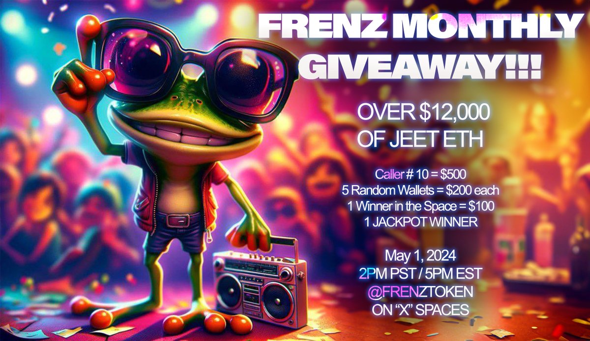 🎉💥 #FrenZToken's Monthly Giveaway Extravaganza kicks off on 1 May, 2024 at 2PM PST/5PM EST! We love giving back to our community, splashing over $12K in prizes! 🚀 What’s up for grabs: - Caller #10 on our EXCLUSIVE crypto hotline wins $500 💵 - $200 each to 5 random wallets 🎁…