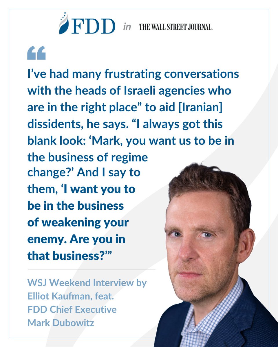 Check out this weekend’s @WSJopinion Interview by @ElliotKaufman6 feat. @mdubowitz, in which they discuss #Iran’s war on #Israel, how fast Iran could sprint to a bomb, and what 🇺🇸 (& 🇮🇱 ) can do to support the brave women and men of Iran. 👇 Read: wsj.com/articles/irans…