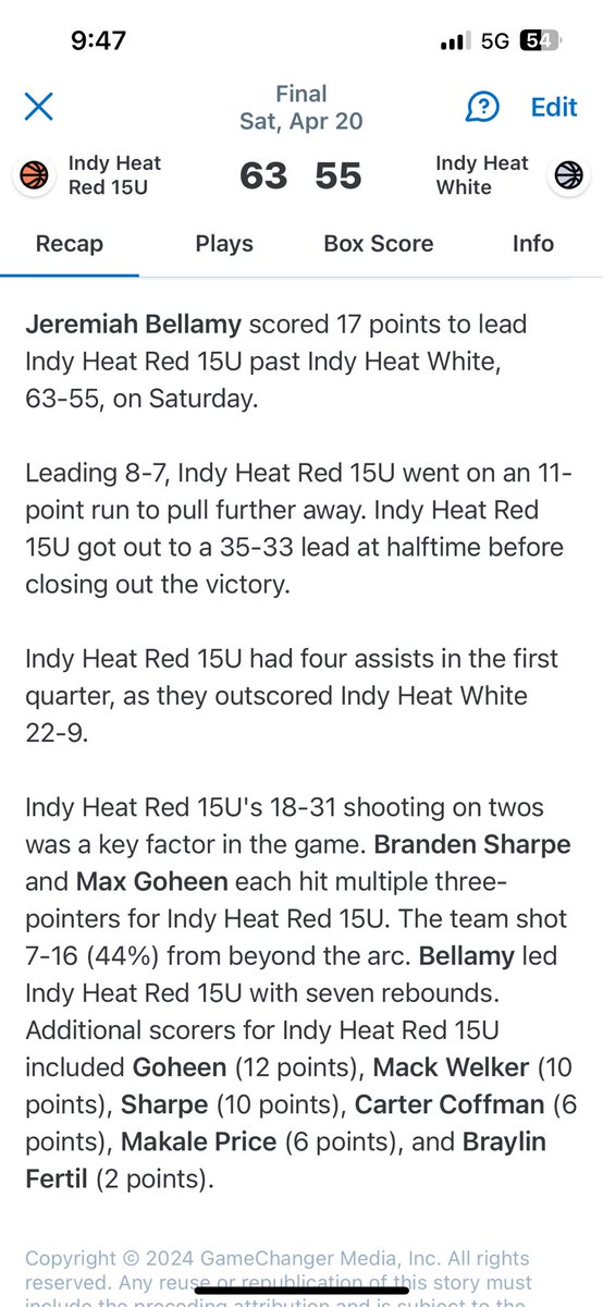 Indy Heat Red 2027 - 15U Game 3️⃣ at Storm Classic Top Performers Jeremiah Bellamy, Branden Sharpe, Max Goheen