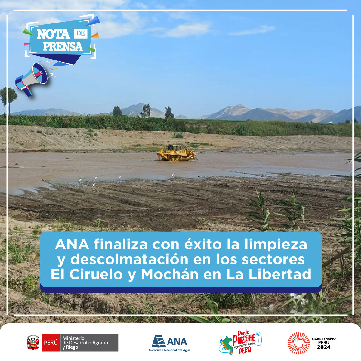 ANAPeru's tweet photo. #NotaDePrensa #LaLibertad I La #ANA a través de la AAA Huarmey Chicama y la ALA Moche Virú Chao, ha completado con éxito los trabajos de limpieza y descolmatación en los sectores El Ciruelo y Mochán.

🗞️https://t.co/WoJF3CU7ym

#AutoridadNacionalDelAgua #MIDAGRI #MaquinariaPropia https://t.co/pIHStTCOaq