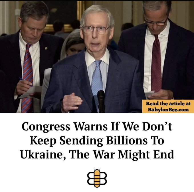 It's funny (and sad) but true. The only thing preventing peace talks is that we keep funding the Ukraine war. Russia has more men and more artillery and is slowing capturing land. Extending the war just ensures a smaller Ukraine when they finally are forced into peace talks.