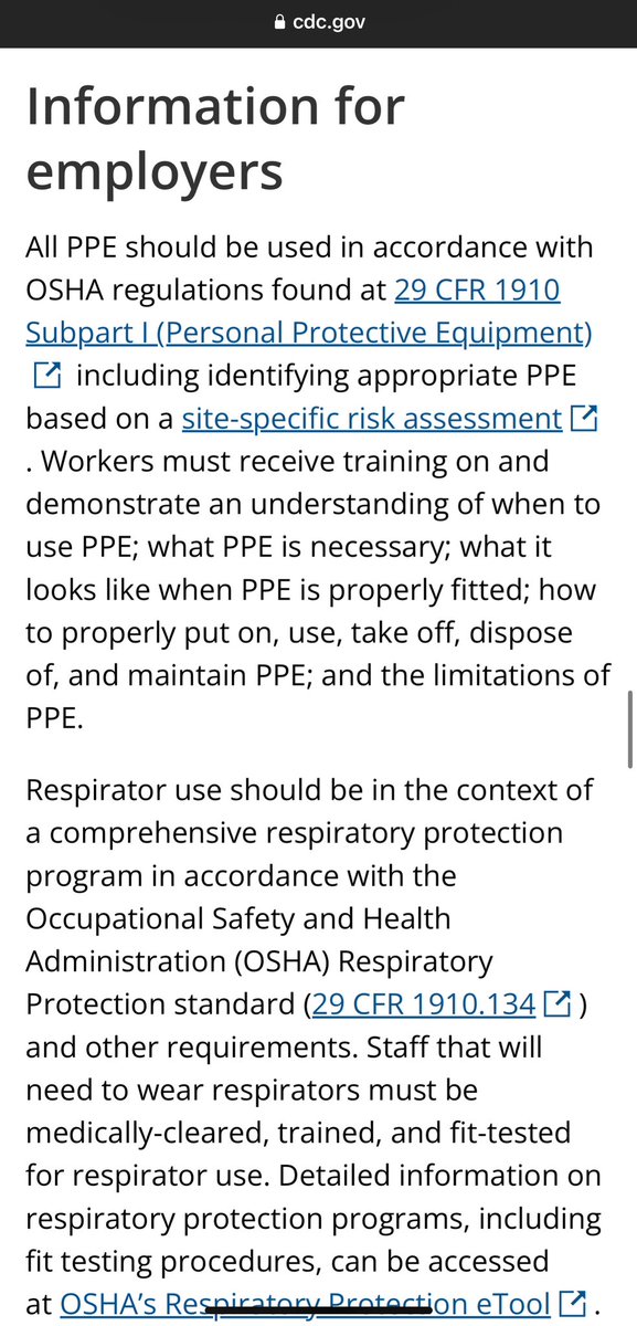 @AltenbergLee @RolandBakerIII This is what an OSHA-enforced respiratory protection program looks like.

#LanguageMatters

Prior to 3/10/2020 this exact guidance applied to SARS-CoV-2 for healthcare workers. CDC guidance now advises “masks” & “levels of protection” with “high quality masks”. Deadly guidance.