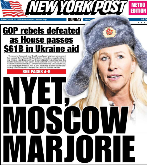 The New York Post goes after Rep. Marjorie Taylor Greene R-GA after House approves Ukraine aid