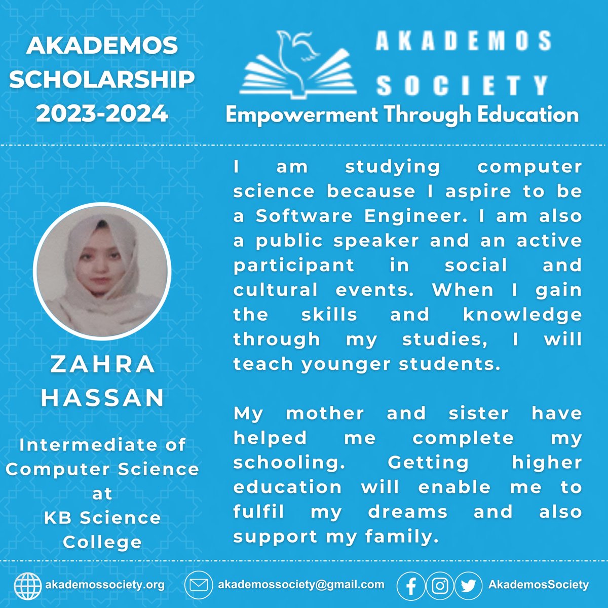 Zahra Hassan | One of the 17 Akademos Scholars for the academic year 2023-2024.