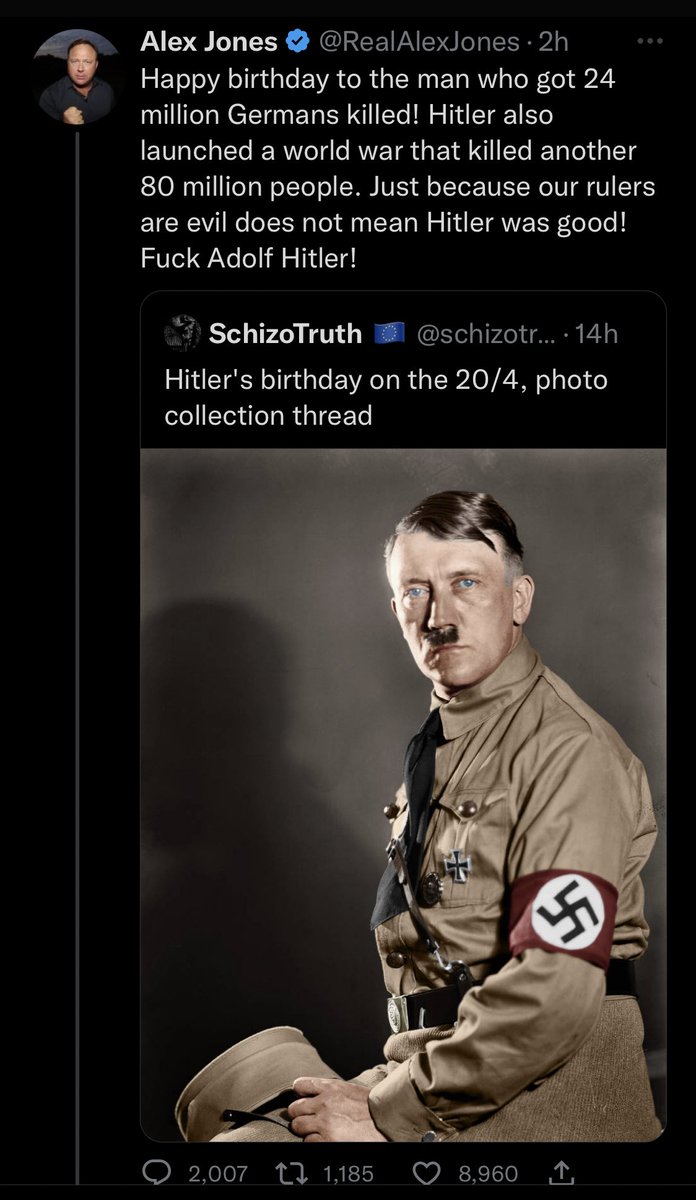 whstancil's tweet image. This site is such a Nazi hellhole that Alex Jones - ALEX JONES - is getting swarmed and ratioed for daring to say bad things about Hitler. 

Elon and his friends have fully lost control of the antisemitic menace they’ve unleashed