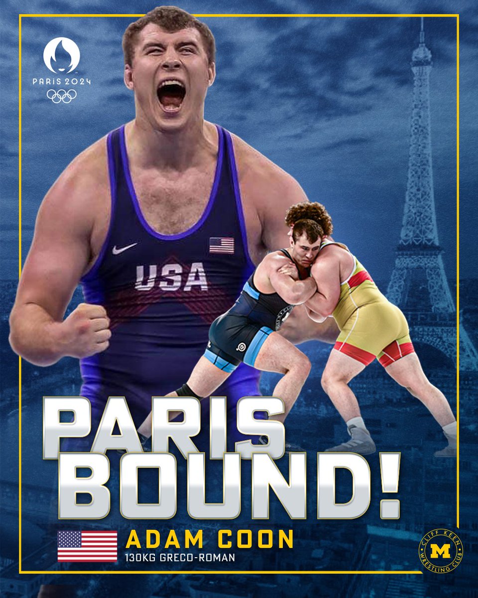 CliffKeenWC's tweet photo. HE'S BACK AND HE'S AN OLYMPIAN!

Three years after winning the Olympic Trials but not qualifying the weight, Adam Coon is officially headed to his first Olympic Games. 🇺🇸

#WrestlingTrials24 #CKWC #GoBlue https://t.co/R9XhRRSxCr