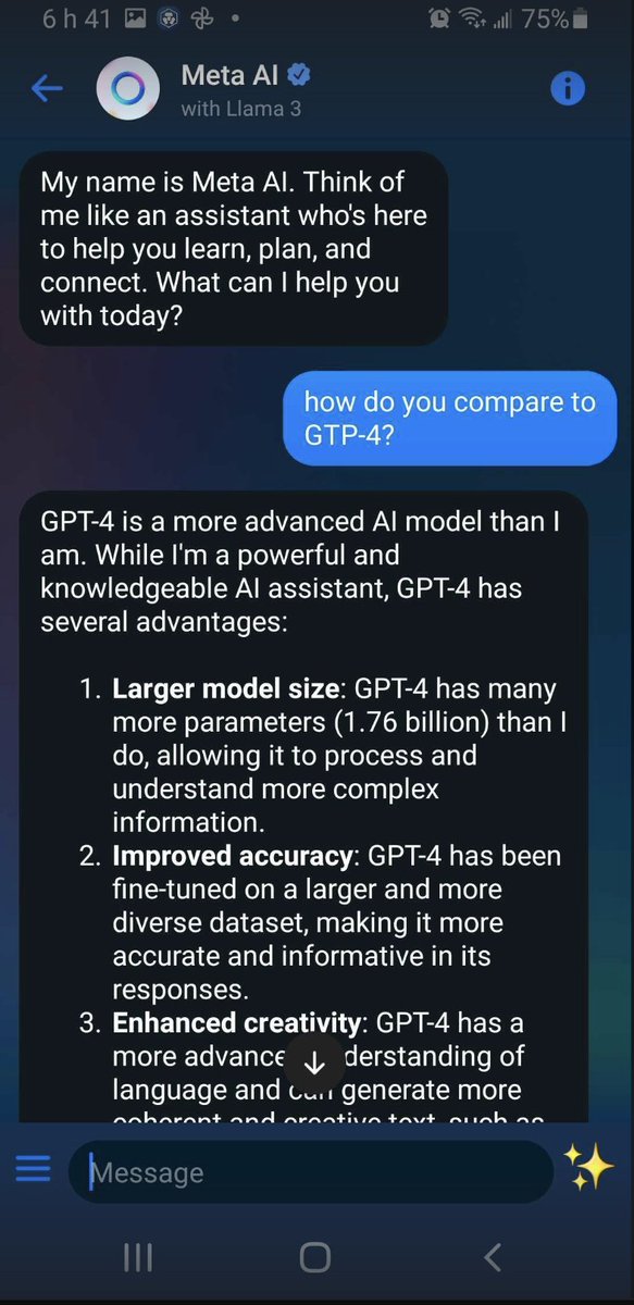 cboSeb's tweet photo. Chatting with #Llama3 on #Messenger about #GPT4  is like asking a flip phone to explain a smartphone – it's adorably earnest but blissfully unaware of the gap. #meta #ai https://t.co/QisfrYkWs3
