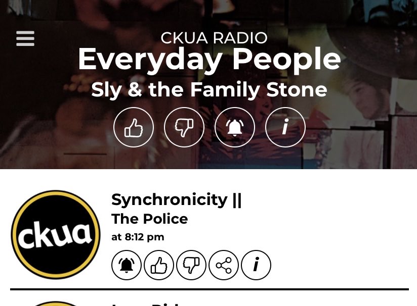 The 1-2 combo #LionelRault just spun on @ckuaradio of @ThePoliceBand’s apocalyptic, Yeats-esque miasma of social critique “Synchronicity II” — immediately followed by Sly’s hopeful funk utopia “Everyday People”… Wow! That was a thought-provoking work of art. Amazing.