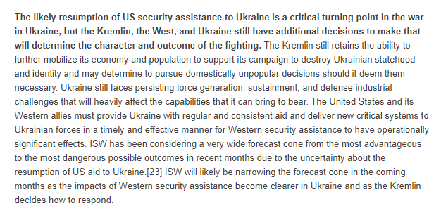 The likely resumption of US security assistance to Ukraine is a critical turning point in the war in Ukraine, but the Kremlin, the West, and Ukraine still have additional decisions to make that will determine the character and outcome of the fighting. 🧵(1/4)
