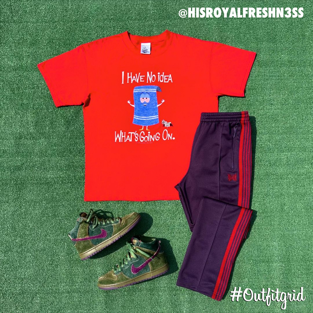 Today's top #outfitgrid is by @hisroyalfreshness. ▫️ #Vintage #SouthPark #Tee ▫️ #Needles #Pants ▫️ #NikeSB #Skunk #Dunks