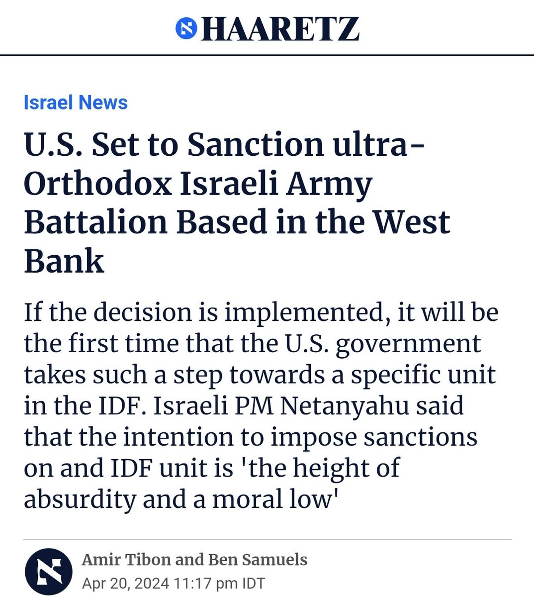 The choice @SecBlinken & @StateDept made to sanction the IDF's only Hasidic and Ultra Orthodox battalion is deeply offensive because it targets a faith based group. This decision reeks from cheap discrimination and bias against Orthodox Jews. @StateSEAS @StateDeptSpox