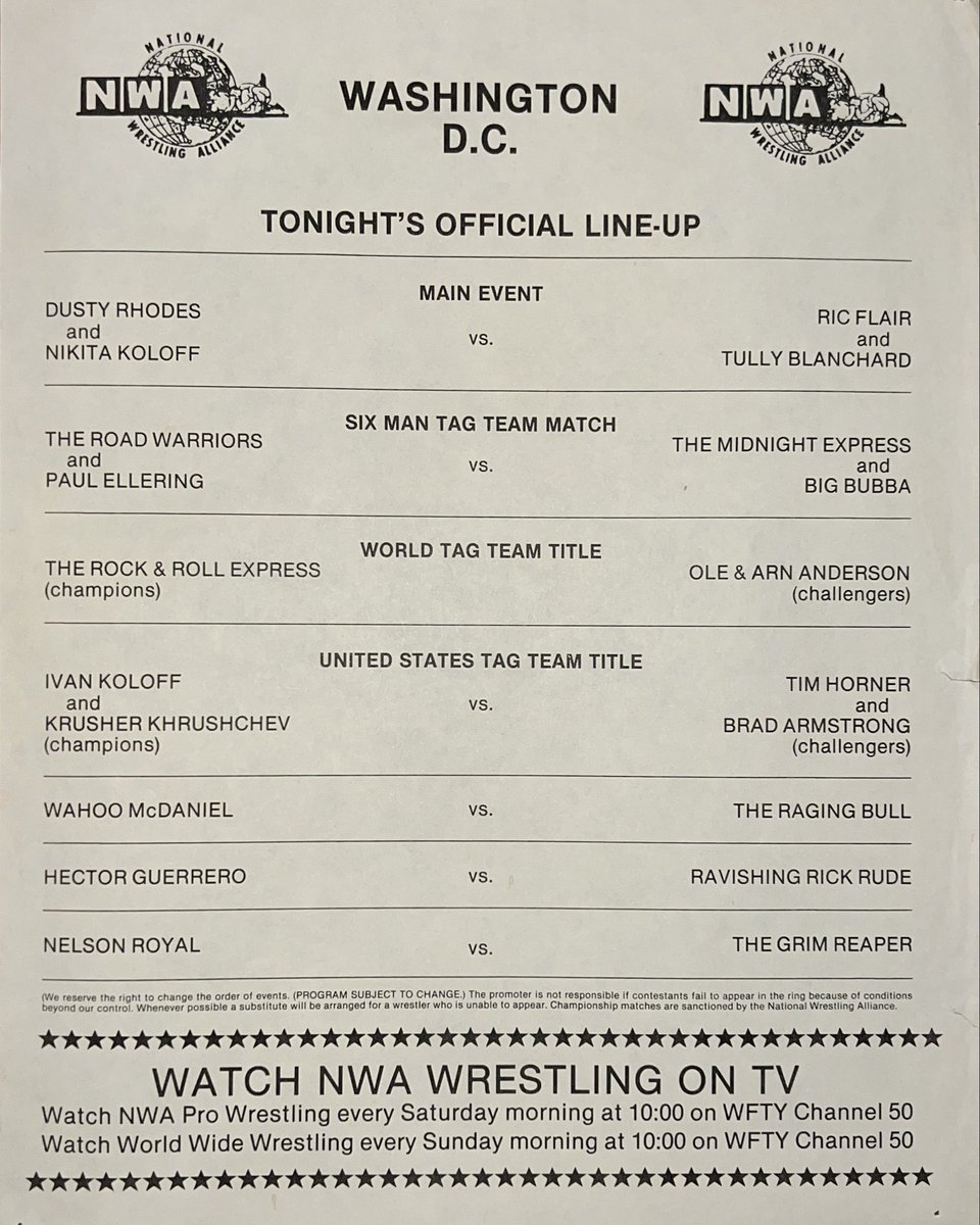 What was the card from you first wrestling show? Mine was the DC Armory, November 14th, 1986.