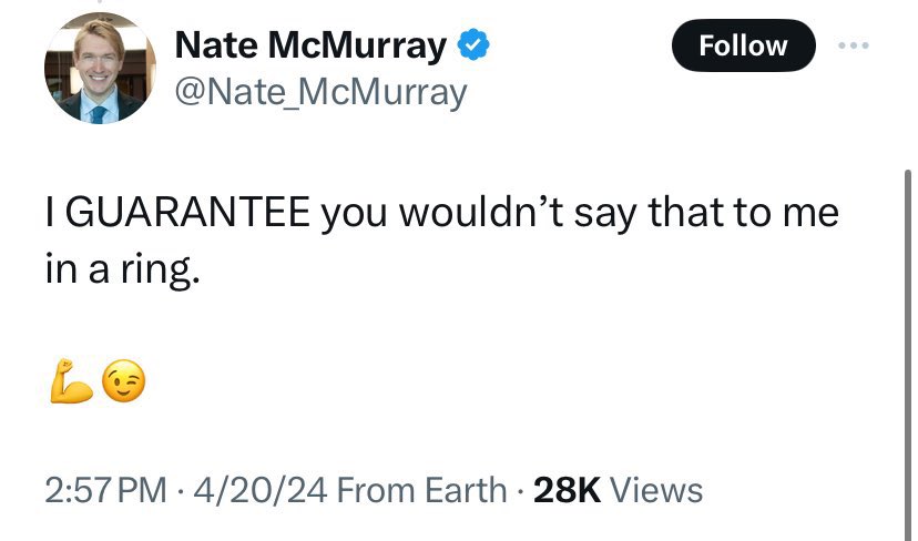ZeekArkham's tweet photo. Hey @Nate_McMurray…
Hi, my name is Zeek Arkham.
I’m a proud Trump supporter.
You seem to want to duke it out with a Trump supporter, so I’ll step up and be your huckleberry. I can get us a ring and venue.
I’ll even put up $1000 of my own money and donate it to an agreed upon charity.
Let me know. Eagerly awaiting your response.