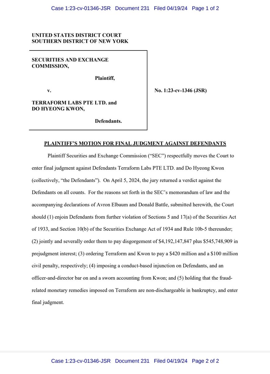 SEC demanding $5.25bn from TFL and DK. A significant organisation slaying sum if this is passed by the court. Non-dischargeable so bankruptcy protection may not protect TFL from having to pay. @terra_money and DK will need some good moves to beat this.