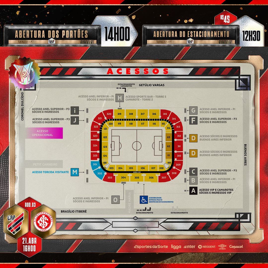 AthleticoPR's tweet photo. 🏟️ Abertura dos portões: 14h 
🚗 Abertura do estacionamento: 12h30 (R$ 45) 

Tudo de #CAPxINT no serviço de jogo: 
➡️ https://t.co/3SifNHEswO 

#Athletico #Brasileirão https://t.co/cApTcVa9H1