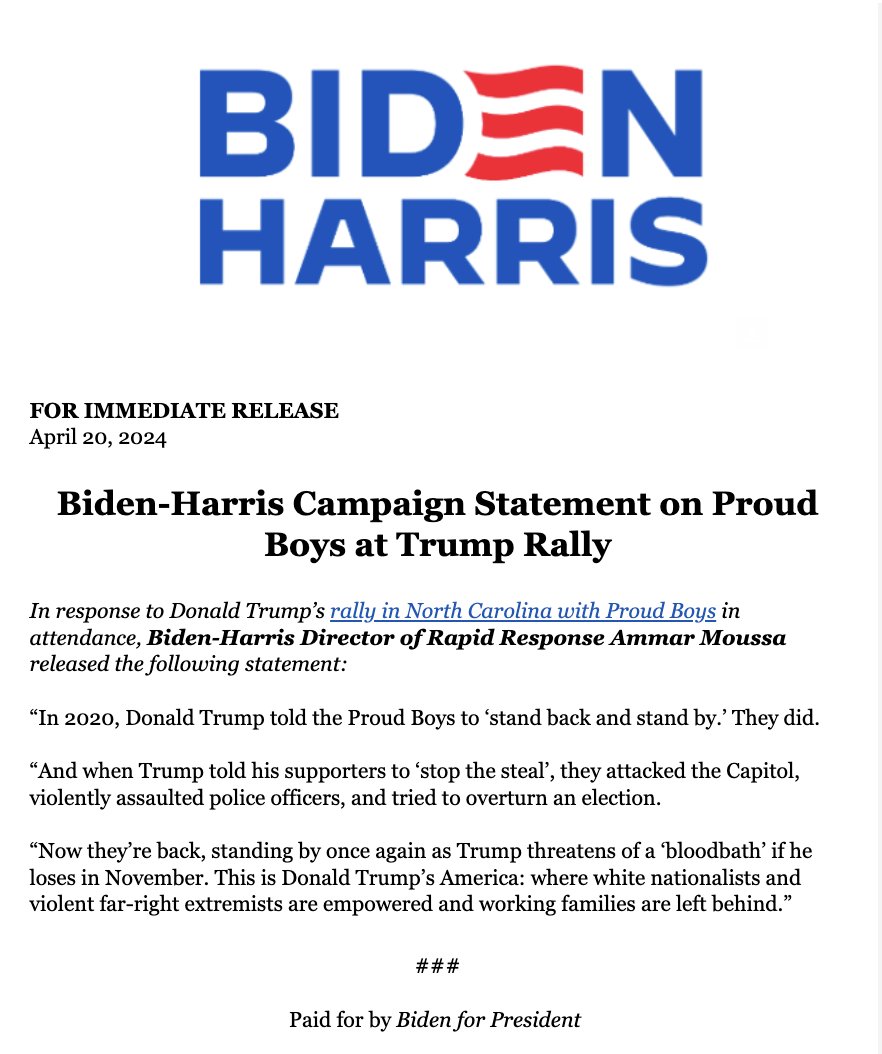 NEW from Biden-Harris campaign >> “Trump told the Proud Boys to ‘stand back and stand by.’ They did. “And when Trump told his supporters to ‘stop the steal’, they attacked the Capitol, violently assaulted police officers, and tried to overturn an election. “Now they’re back..'