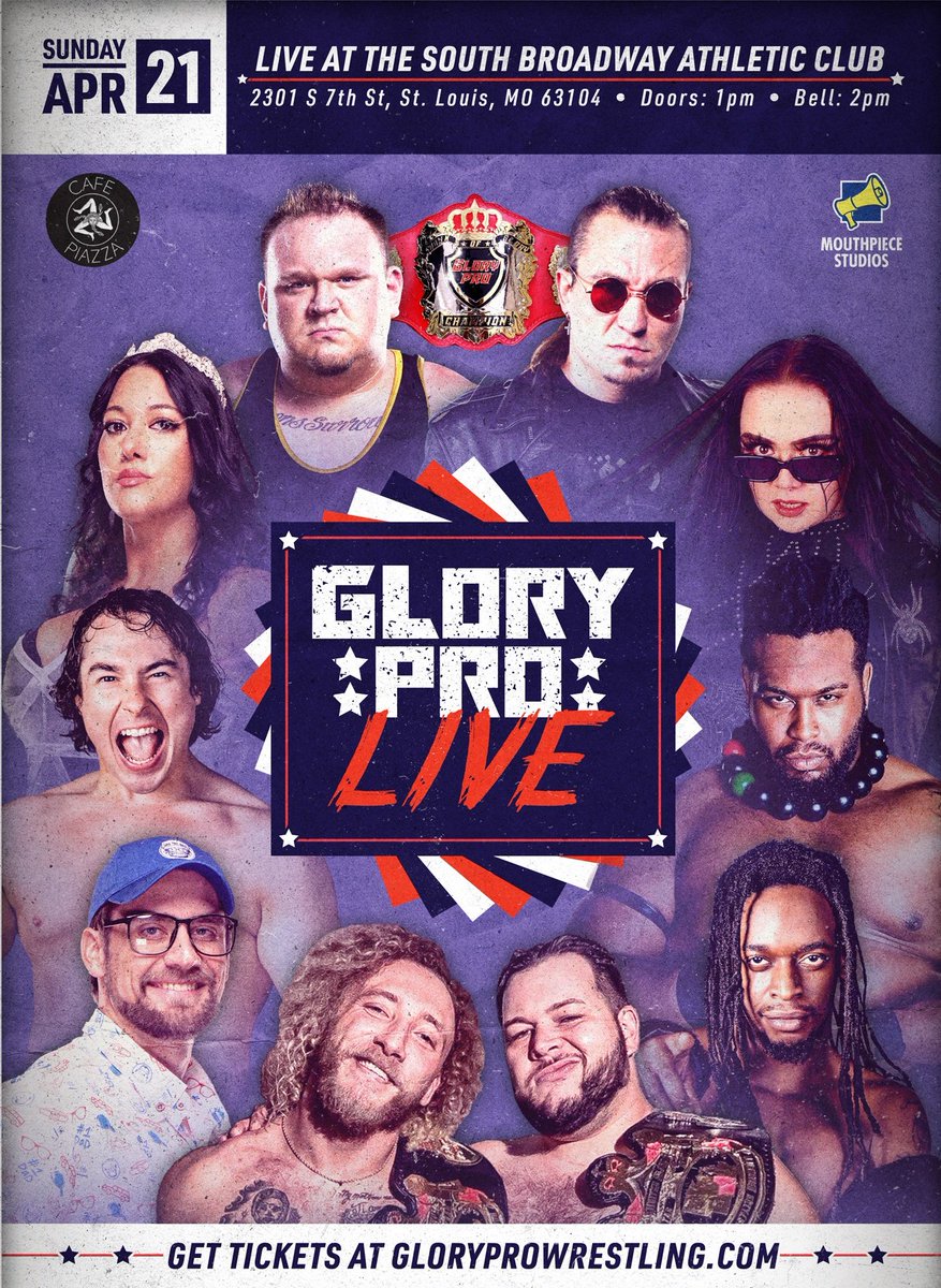 Glory Pro returns LIVE to the South Broadway Athletic Club tomorrow! Kick off the biggest day of pro wrestling in St. Louis with us at 2pm Adult GA: $25 Kids 10 and Under FREE Tickets available online or at the door